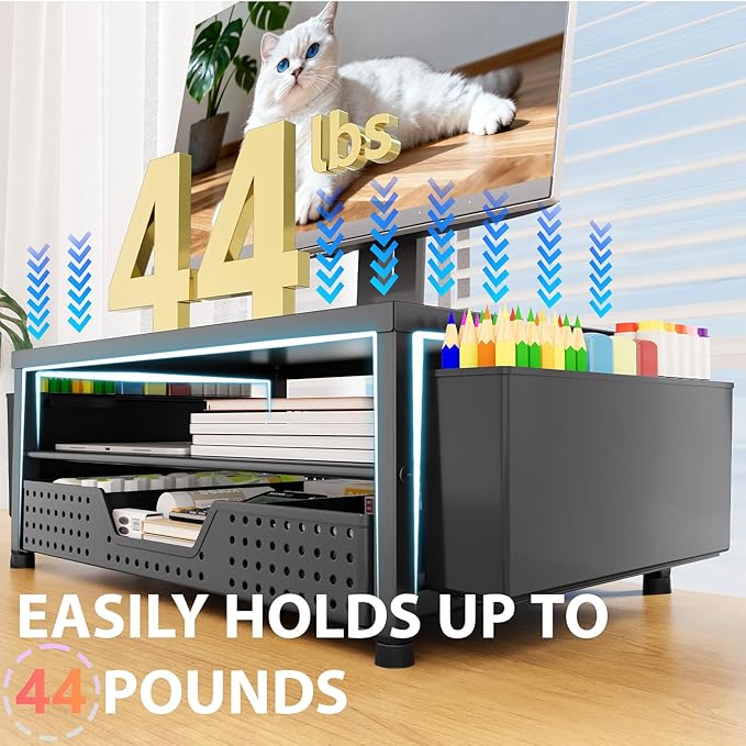 OPNICE Desk Organizer and Accessories, 2-Tier Computer Monitor Stand Riser with Drawer and 2 Pen Holders, Laptop Stand, Office Desk Accessories for Office Supplies, Black – Hot Seller 2Pack