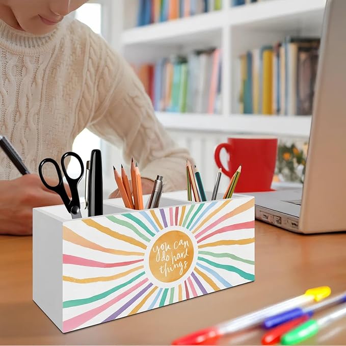 Boho Colorful Sunshine Pen Pencil Holder Organizer for Desk Accessories, Boho Classroom Decor, You Can Do Hand Things Inspirational Wooden Box Signs Decorations for Kids Room Desk Tabletop