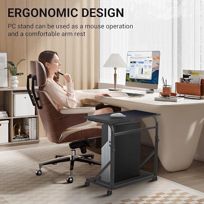 Computer Tower Stand, 2-Tier CPU Stand with Lockable Wheels, Adjustable Height PC Stand for Floor, Mobile PC Laptop Standing Table for Home Office (Black)