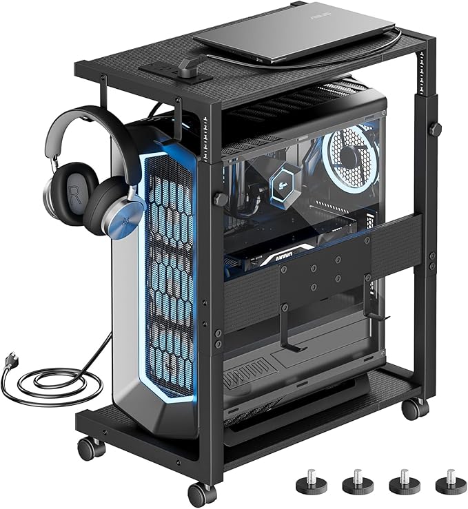 JANE EYRE Computer Tower Stand - Adjustable PC Tower Stand CPU Holder Cart with Charging Station for Office Home Classroom,23.03"-28.3" H, black