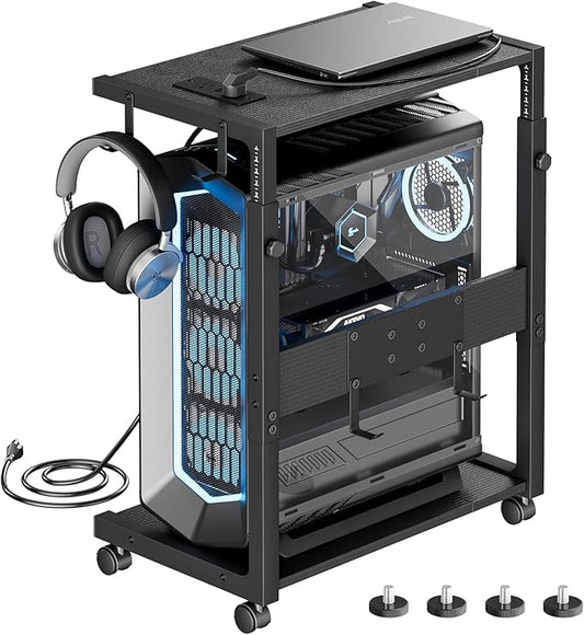 JANE EYRE Computer Tower Stand - Adjustable PC Tower Stand CPU Holder Cart with Charging Station for Office Home Classroom,23.03"-28.3" H, black