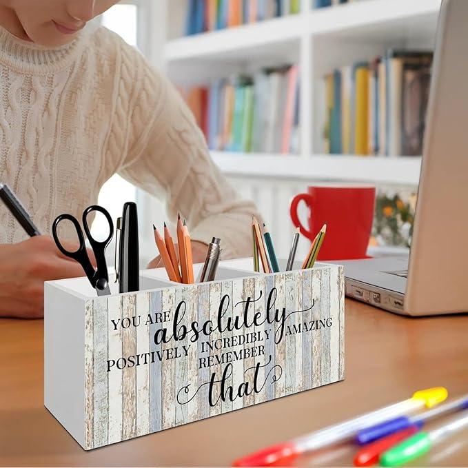 You Are Inspirational Pen Pencil Holder Organizer for Desk Accessories, Motivational Gifts for Coworkers, Encouragement Gifts Wooden Box Signs Decorations for Home Office Desk Tabletop