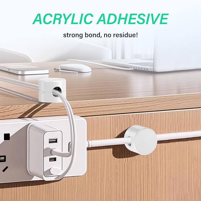 Cable Organizer Clips, 6 Pack Adhesive Cable Management Holders with Double-Sided Tape, Non-Rotating Cord Organizer for Desk, Office, Home to Tidy Charging Cables, Computer Wires (White)