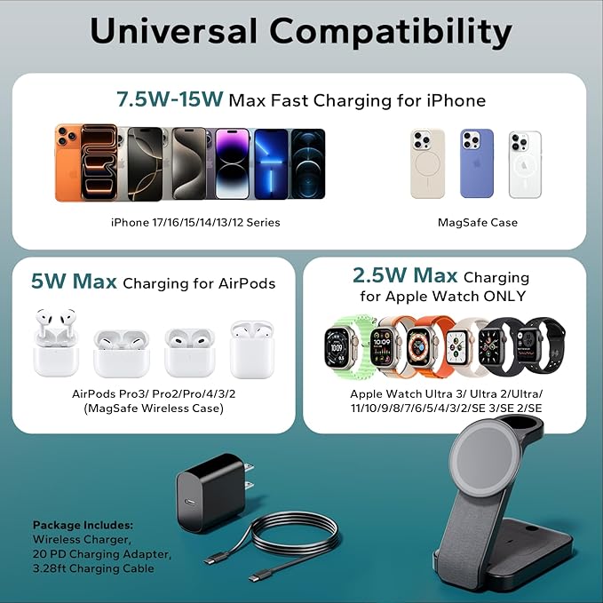 3 in 1 Foldable Wireless Charging Station for MagSafe, Nightstand Magnetic Charger Stand for iPhone 17 16 15 14 Pro Max, Travel Charging Dock with Night Light for Apple Watch/AirPods (Black)