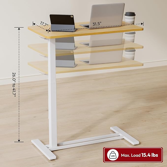 SANODESK Mobile Standing Desk with Hidden Wheels,Pneumatic Laptop Desk Rolling Computer Cart Movable Height Adjustable Small Sit Stand Desk for Home Office(31.5" W x 17.7" D,Maple)