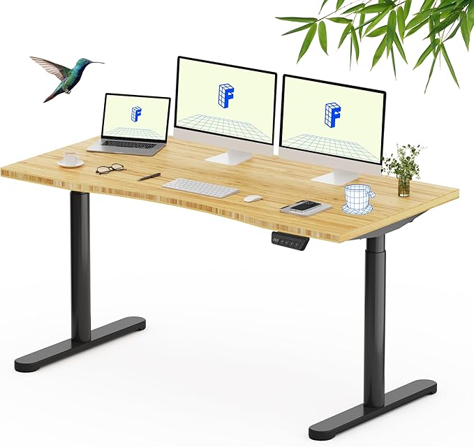 FLEXISPOT Bamboo Electric Standing Desk with Elegant Oval Legs & Curved Desktop, 60"x30" Height Adjustable Desk for Home Office & Living Spaces, Black Frame