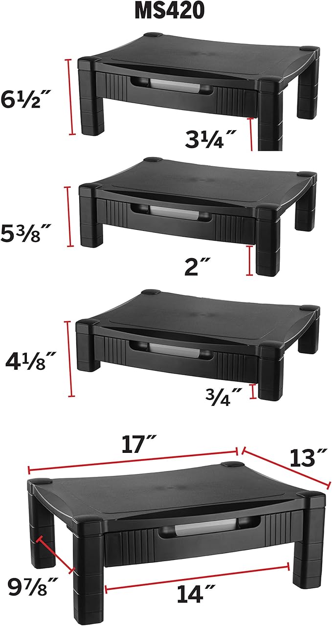 Kantek Monitor Stand With Drawer, 17" X 13.25" X 3" To 6.5", Black, Supports 50 Lbs