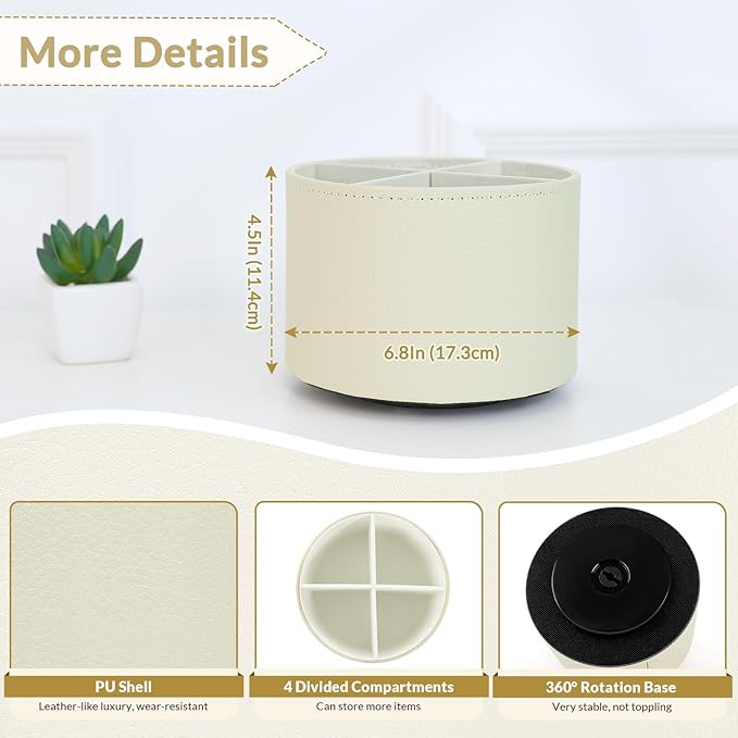 SKYDUE Rotating Pencil Pen Holder, PU Pen Organizer with 4 Slots - Desk Organizer and Accessories for School, Home, Office Supplies