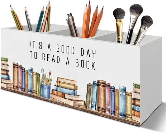 Book Lover Gifts Pen Pencil Holder Organizer for Desk Accessories, Reading Nook Corner Decor, It's a Good Day to Read a Book Wooden Box Signs Decorations for Home Classroom Desk Tabletop