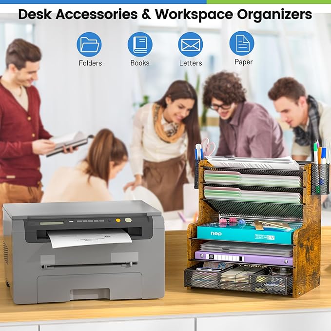 6-Tier Mesh Desk Organizer with Drawer, Wooden Office Organizer for Papers, Folders & Office Supplies - Sturdy Desktop File Holder with 2 Pen Holders - Space Saving Home Office Accessories
