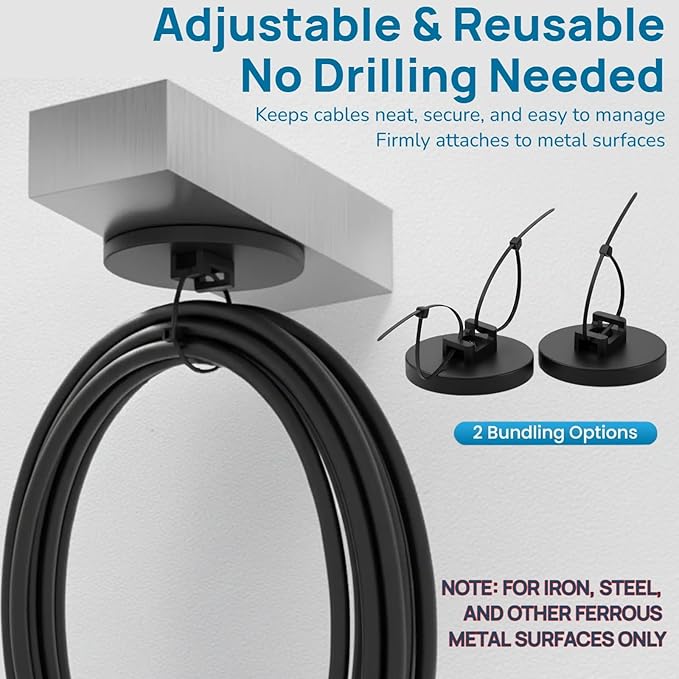 Magnetic Zip Tie Mount Set, 25 Magnetic Cable Tie with 200 Cable Ties, Strong Wire Management Cables Holder, Multipurpose Electrical Cord Holders Organizer (43mm)