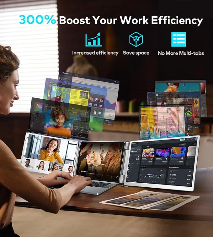 16" Laptop Screen Extender, 1200P FHD Triple Portable Laptop Monitor Extender for 12"-18.5" Laptops, 16:10 Aspect Ratio Rotation Screen, Compatible with MacOS, Wins, Chrome, Surface