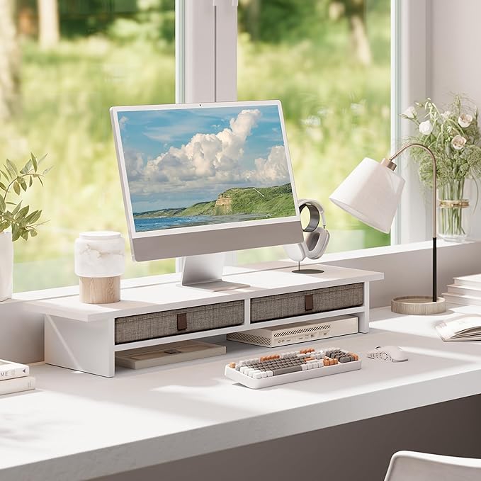 Fenge Monitor Stand with Drawer, 2 Tiers Dual Monitor Riser for Desk, 35 Inch Computer Stand for 2 Monitors, Desk Shelf for Home, Office, Laptop, PC, TV, Printer