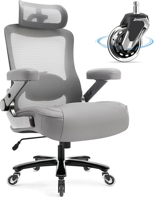 Big and Tall Office Chair 600lbs with 3D Flip Arms, Heavy Duty Large Executive Computer Desk Chair Ergonomic Mesh High Back Plus Size Chair for Adults