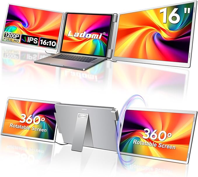 16" Laptop Screen Extender, 1200P FHD Triple Portable Laptop Monitor Extender for 12"-18.5" Laptops, 16:10 Aspect Ratio Rotation Screen, Compatible with MacOS, Wins, Chrome, Surface