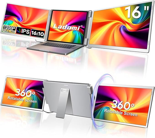 16" Laptop Screen Extender, 1200P FHD Triple Portable Laptop Monitor Extender for 12"-18.5" Laptops, 16:10 Aspect Ratio Rotation Screen, Compatible with MacOS, Wins, Chrome, Surface