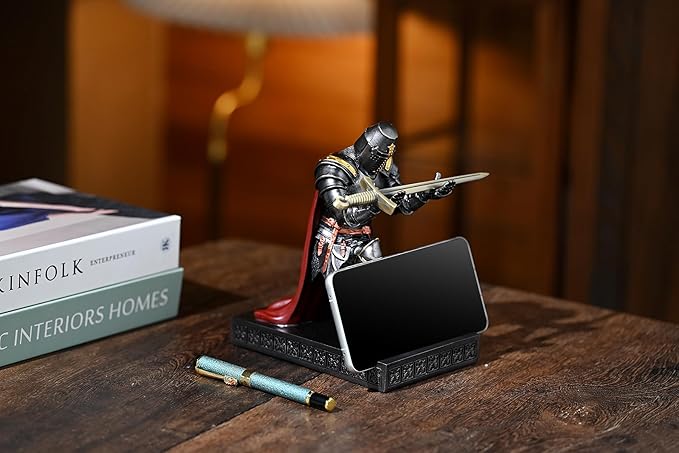 Medieval Templar Vanguard Officer Knight Pen Holder Pen Stand Desk Organizers and Accessories Resin Mobile Phone Stand as Gift for Office and Home Desk Organizer (Iron)