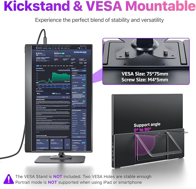 cocopar Portable Monitor 15.6 Inch 4K UHD 60Hz 145% sRGB Travel Monitor with Speaker HDMI USB-C Second Screen for Laptop MacBook Surface PC Xbox PS4/5, VESA Mountable, with Kickstand