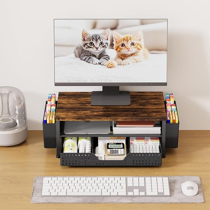 OPNICE Desk Organizers and Accessories, 2-Tier Computer Monitor Stand Riser with Drawer and 2 Pen Holders, Laptop Stand, Office Desk Accessories for Office Supplies, Brown