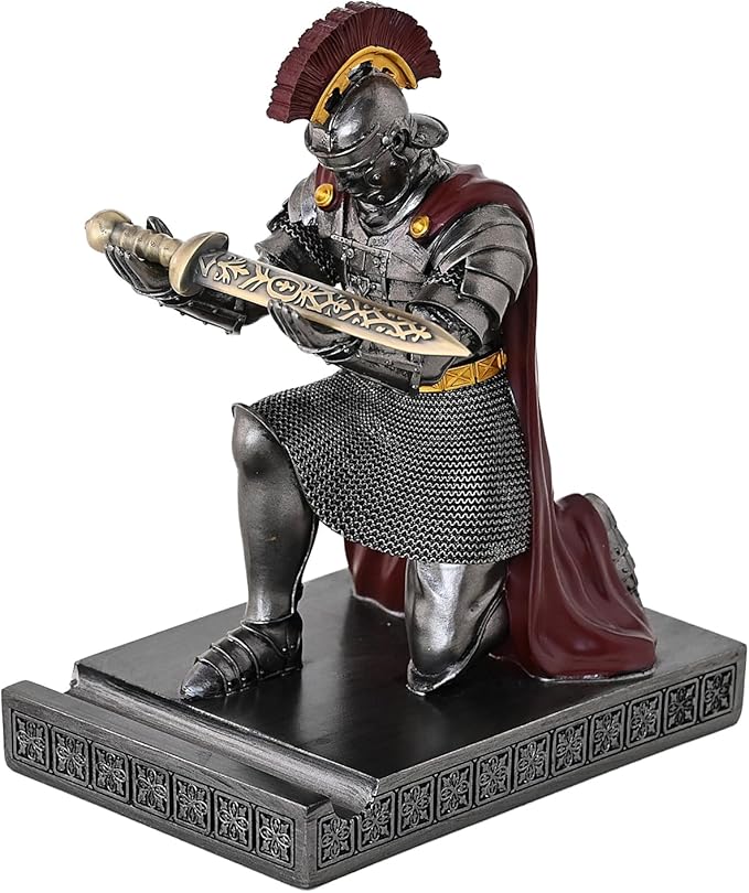 Roman Praetorian Prefect Warrior Knight Pen Holder Desk Ornament Resin Praetorian Guard Mobile Phone Stand Desk Accessories and Organizer for Office with a Letter Opener (Iron)