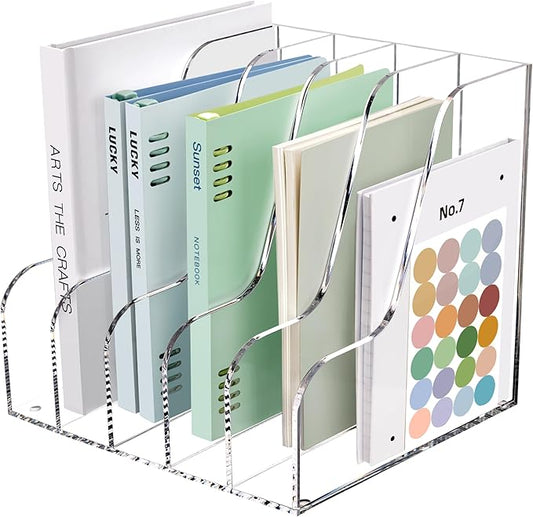 SANRUI Acrylic Desk Organizers, Clear Magazine File Holder, 5 Vertical Compartments A4 Folder Binder Holders Sorter, Office Desktop Workspace Organization Storage Rack for Office Home School