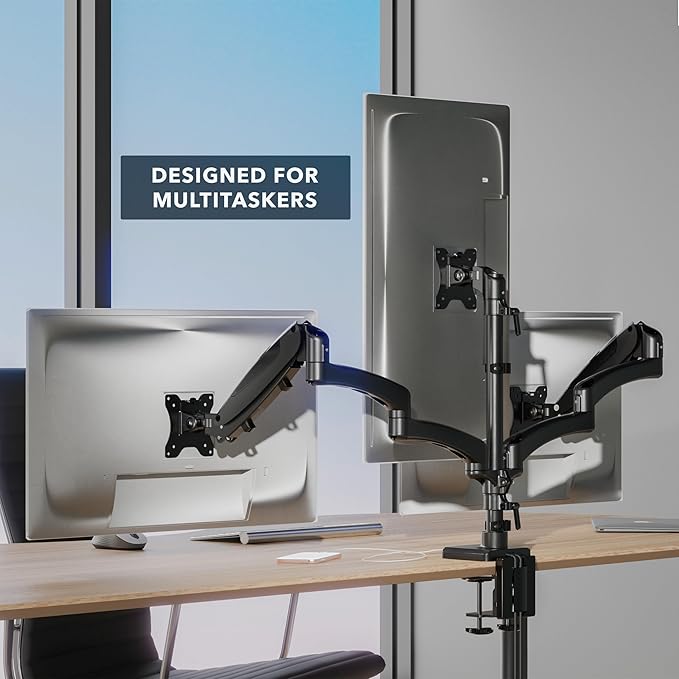 Mount-It! Triple Monitor Mount with USB and Audio Ports, 3 Monitor Desk Mount with Gas Spring Arms for Easy Height Adjustment, Full Motion Design Supports Computer Monitors Up to 32", Black
