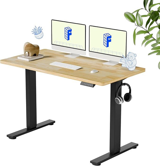 FLEXISPOT EN1 One-Piece Solid Wooden Standing Desk 48 x 24 Inches Height Adjustable Electric Sit Stand Home Office Desks (Black Frame + Rubber Wood Top, 2 Packages)