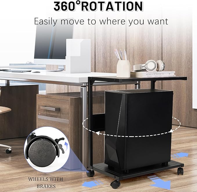 PC Stand Computer Tower Stand 2-Tier Metal CPU Holder with Locking Caster Wheels Suitable for Most PC (Black, L)