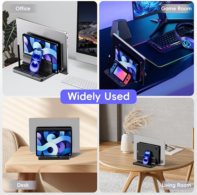 Vertical Laptop Stand Holder - Adjustable Width 6-in-1 Design Space-Saving Desktop Stand Desk Organizer，Compatible for MacBooks, Tablets, Lap, All Phone (Black)