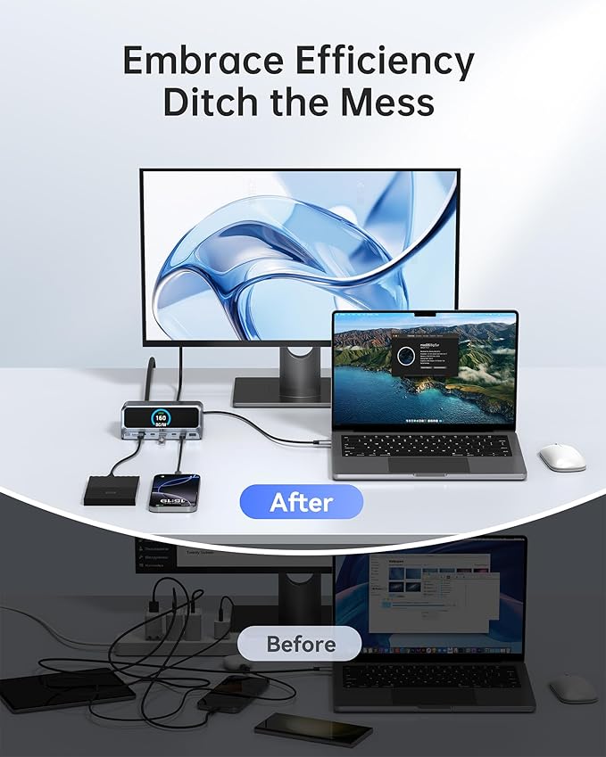 Selore 13-in-1 Laptop Docking Station with 2.26" LCD Display, 160W Max Output, Dual 4K HDMI, 10Gbps USB A/C Ports, Gigabit Ethernet, 100W PD for MacBook, Dell, HP, Lenovo and More