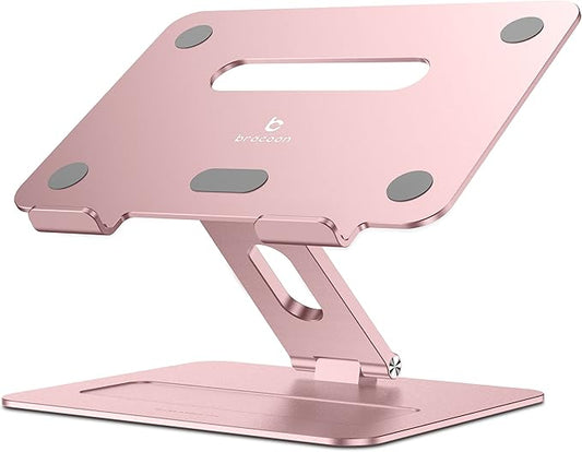 Adjustable MacBook Pink Laptop Stand for Desk | Ergonomic Aluminum Laptop Riser with Heat-Vent, Compatible for 10-17" Laptops, Rose Gold