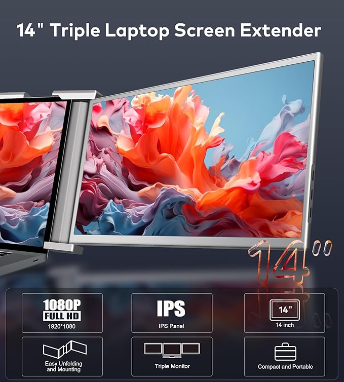 Laptop Screen Extender, 14" FHD 1080P IPS Laptop Monitor Extender, 315° Rotation Triple Portable Monitor for 13.5" -16.5" Laptops, Type-C/HDMI/USB-A Plug & Play for Wins, Mac, Android, Switch