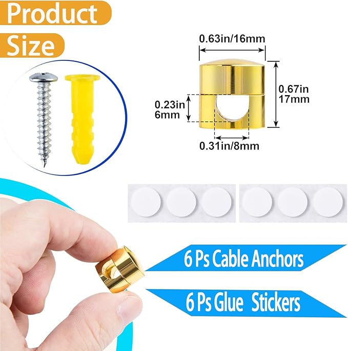 6 Sets Charger Cord Holder, Gold Metal Adhesive Cable Management Clips,Adjustable Cable Anchor Holders,Wire Organizer for Desk, Wall, Home, Office