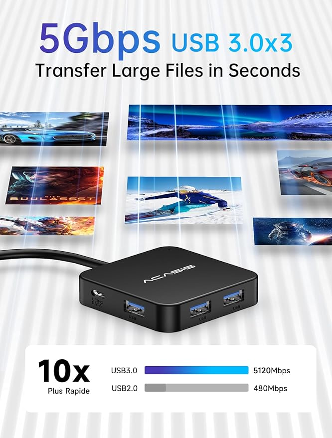 USB C Hub Long Cable 4FT 10Gbps, Multiport Adapter with 4K 60Hz HDMI, 100W Power Delivery, 3 USB A3.1+1 USB-C 3.1 Data Port, USB c to HDMI Adapter for MacBook, Dell, Lenovo, Surface, iPad PRO