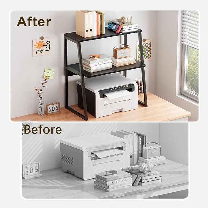 Printer Stand, Desktop Printer Shelf, 3 Tier Desk Shelf for top of Desk, Large Printer Stands Office Organization Shelves for Home Office Printer Fax Book, Black