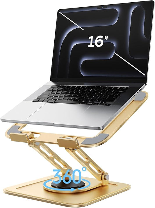 Adjustable Laptop Stand, Computer Stand with 360 Rotating Base, Ergonomic Laptop Riser Mount for Desk Foldable Protable Computer Desk Fits with MacBook Pro Air (10-16") - Gold