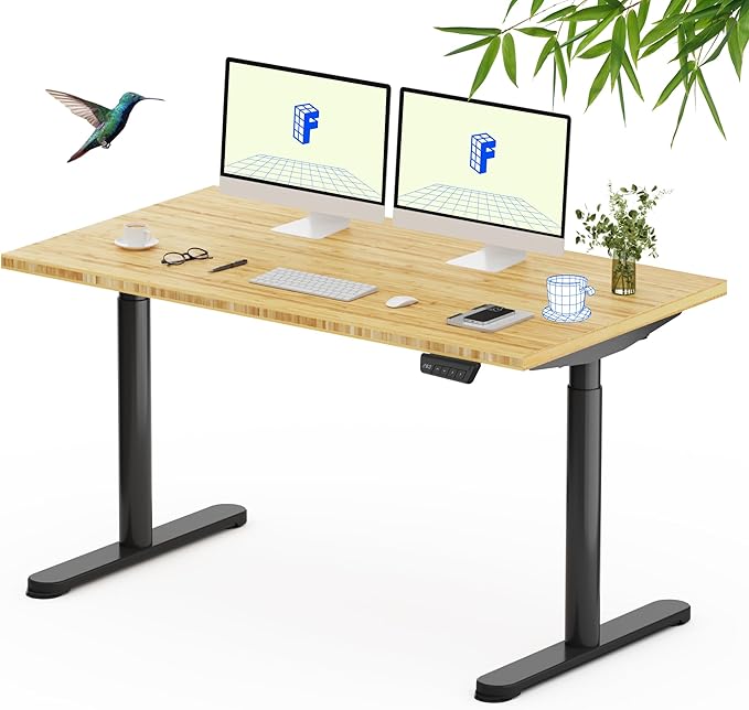 FLEXISPOT Bamboo Electric Standing Desk with Elegant Oval Legs, 55"x28" Height Adjustable Desk for Home Office & Living Spaces, Black Frame