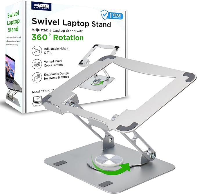 Uncaged Ergonomics Swivel Laptop Stand for Desk, Adjustable Computer iPad Stand for Desk w/ 360 Rotation, Portable Laptop Holder for Home Office Ergonomic Supplies