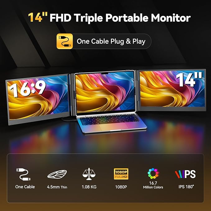 14" Laptop Triple Screen Extender Portable, One Cable Connection Laptop Monitor FHD 1080P IPS, Ultra Thin Dual Monitor for 13-17" Laptops, Plug & Play Compatiable with Win/Mac/Chrome/Android/Switch