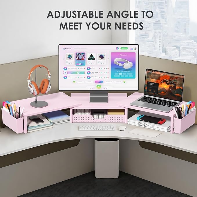 OPNICE Pink Desk Organizers and Accessories for Women, Dual Computer Monitor Stand Riser with Drawer and 2 Pen Holders, Office Desk Accessories, Workspace Desktop Organization for Office Supplies