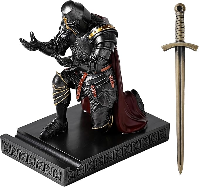 Medieval Templar Vanguard Officer Knight Pen Holder Pen Stand Desk Organizers and Accessories Resin Mobile Phone Stand as Gift for Office and Home Desk Organizer (Iron)