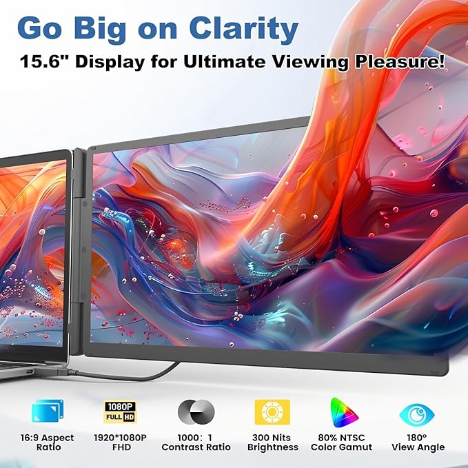 Teamgee 15.6" Laptop Screen Extender with Power Bank, FHD 1080P Triple Monitor, Driver-Free Plug & Play for 13-17" Laptops (HDMI/USB), Home Office/Small Business, Windows/Mac/Android