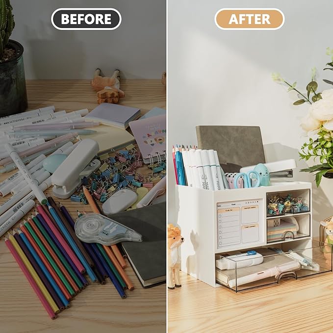 Desk Organizer with 3 Drawer, Multi-Functional Pencil Pen Holder for Desk, Desk Organizers and Storage with 8 Compartments, Desktop Organizer for Office Home Art Supplies (White)