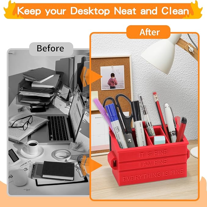 Dumpster Pencil Holder with Flame Light and Charging Port Dumpster Pen Holder Desk Accessories for Office Christmas Decor (Red, 1P)