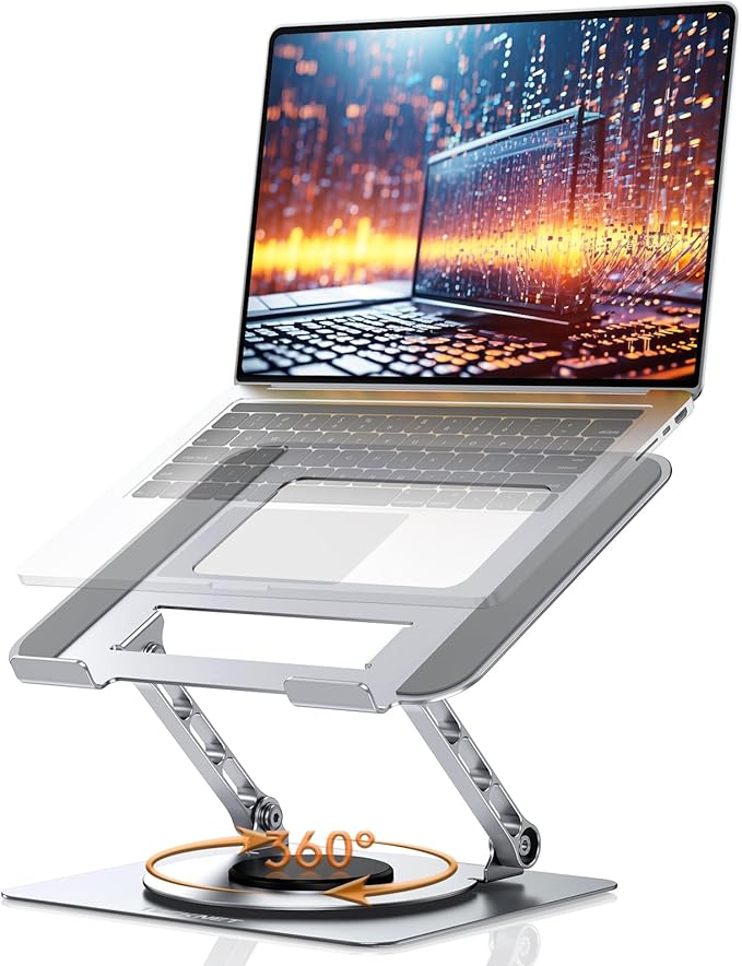 TECKNET Laptop Stand for Desk, 360 Rotating Base, Ergonomic Foldable Computer Stand for Laptop Riser Height Adjustable, Compatible with MacBook Pro, All Laptops 10-17" - Silver