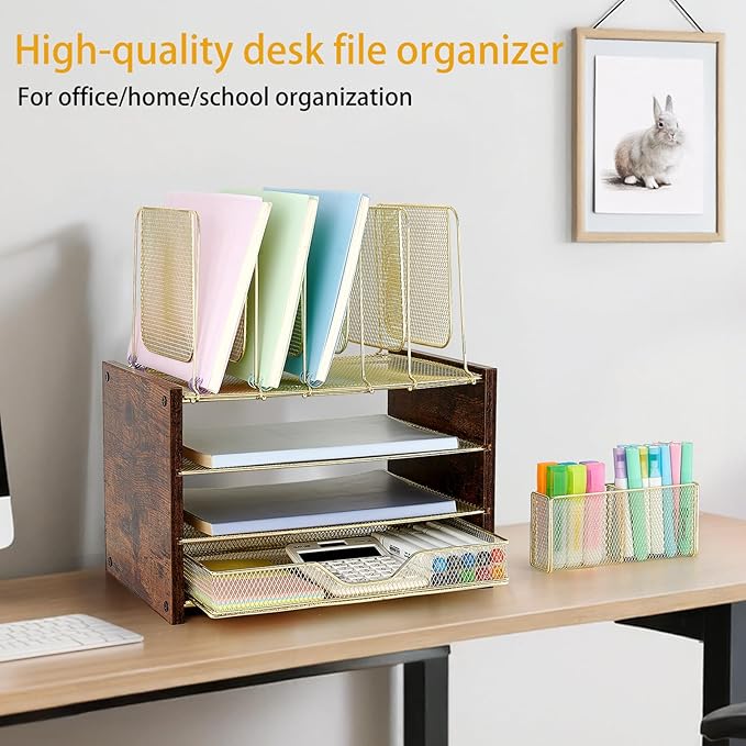 OPNICE Gold Desk Organizers and Accessories,4-Tier Desktop File Organizer with Drawer, Wood Paper Organizer with 5 Vertical File Holders and Pen Holder for Office Supplies