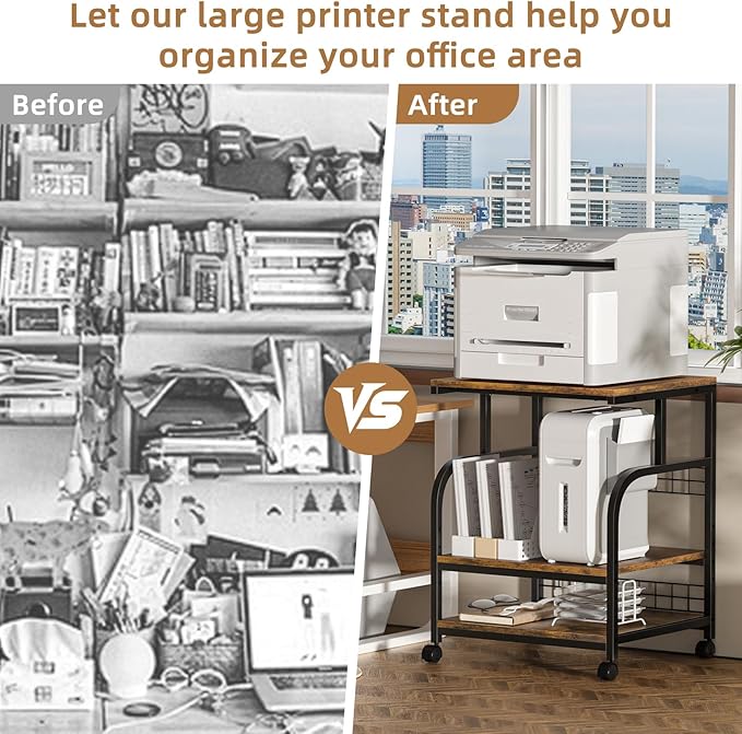 Lerliuo Large Printer Stand with Storage, 23.6"W x 18.9"D x 30.2"H, 5-Adjustable Shelf Heights Mobile 3 Tier Table with Lockable Wheels, Industrial Rolling Printer Cart, Brown Stands for Home Office