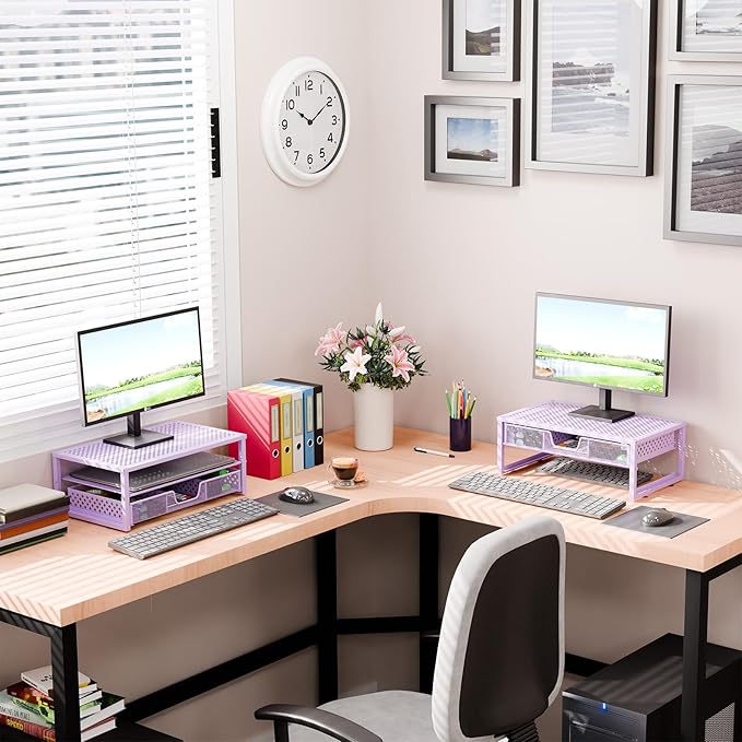 Simple Trending Metal Monitor Stand Riser and Computer Desk Organizer with Drawer for Laptop, Computer, iMac, Purple