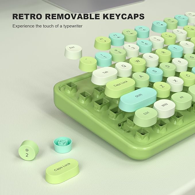 MOFII Wired Keyboard - Full Size USB Plug & Play, Retro Round Typewriter Keyboard with Foldable Stands for Windows PC Laptop (Green Colorful)