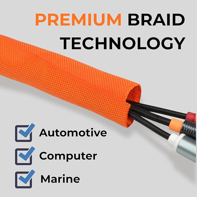 3/8 inch Split Braided Cable Management Sleeve for USB Cable Power Cord Audio Video Cable, High-Temperature Automotive Harness Wire Loom Cord Protector from Cat Dog Chewing (Orange, 10FT)